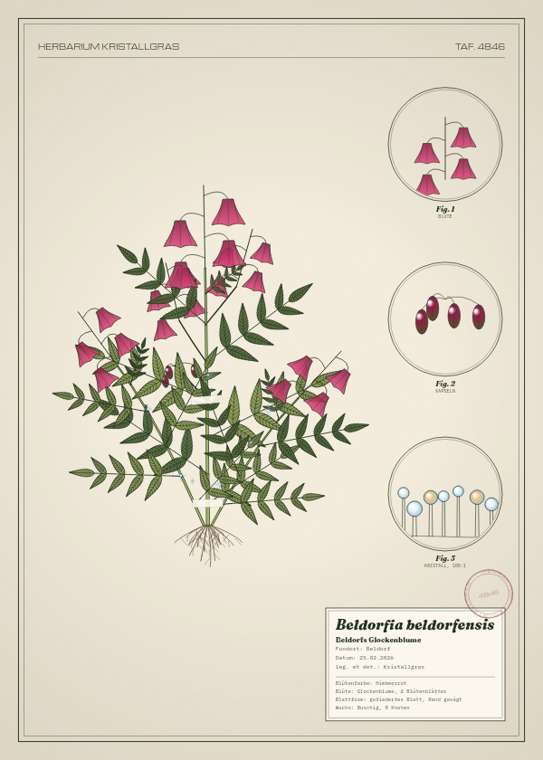 Botanische Tafel: Beldorfia beldorfensis, eine erfundene Pflanze aus Beldorf, gezeichnet wie in einem alten Pflanzenatlas