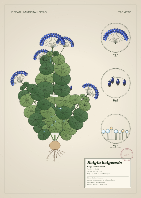 Botanische Tafel: Belgia belgensis, eine erfundene Pflanze aus Belg, gezeichnet wie in einem alten Pflanzenatlas