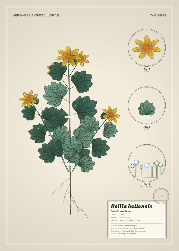 Botanische Tafel: Bellia bellensis, eine erfundene Pflanze aus Bell, gezeichnet wie in einem alten Pflanzenatlas