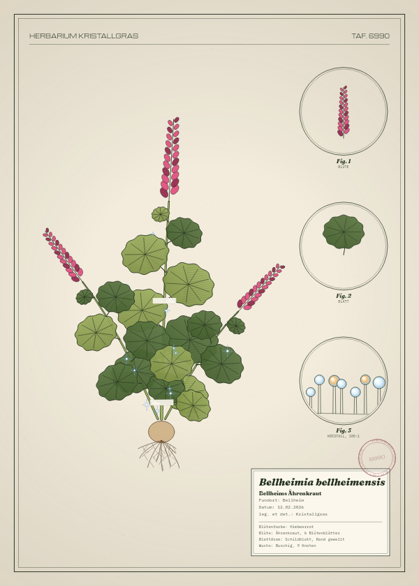 Botanische Tafel: Bellheimia bellheimensis, eine erfundene Pflanze aus Bellheim, gezeichnet wie in einem alten Pflanzenatlas