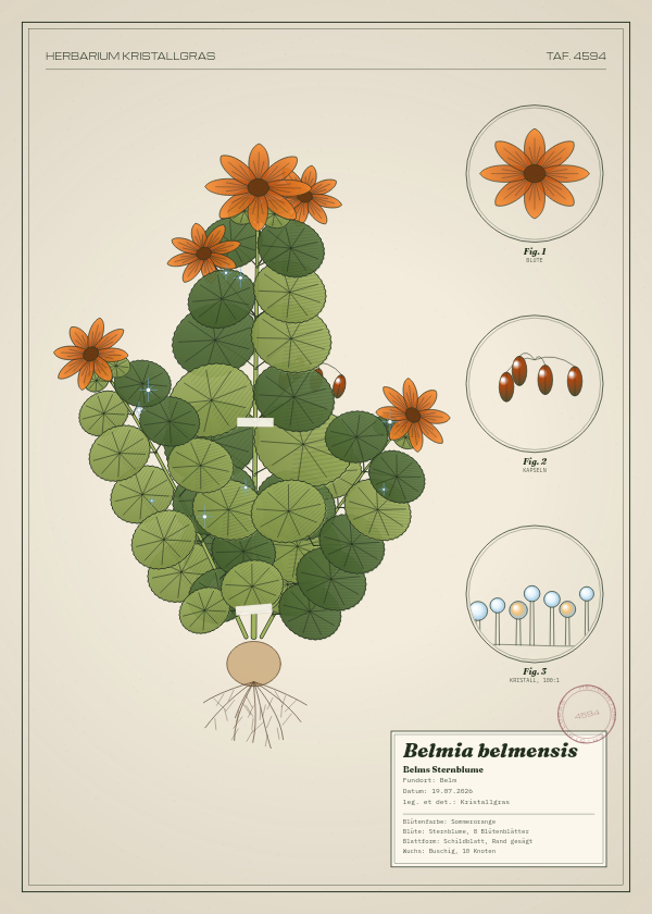 Botanische Tafel: Belmia belmensis, eine erfundene Pflanze aus Belm, gezeichnet wie in einem alten Pflanzenatlas