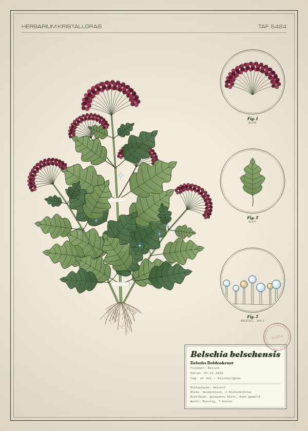 Botanische Tafel: Belschia belschensis, eine erfundene Pflanze aus Belsch, gezeichnet wie in einem alten Pflanzenatlas