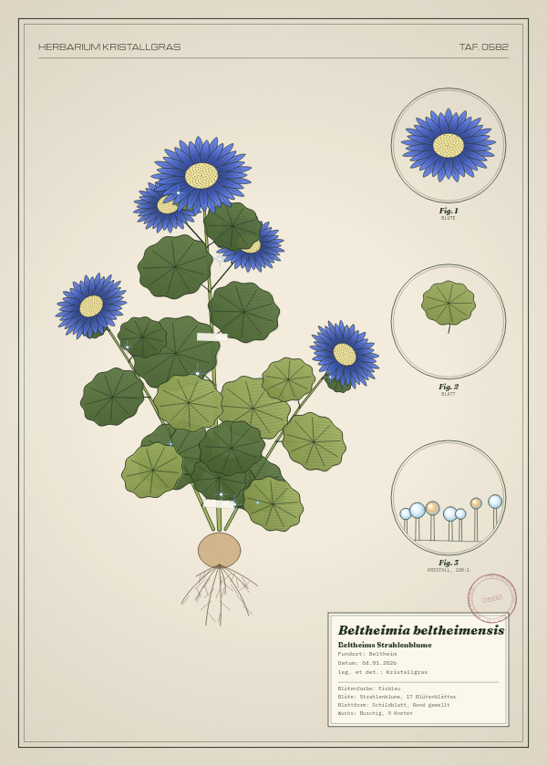 Botanische Tafel: Beltheimia beltheimensis, eine erfundene Pflanze aus Beltheim, gezeichnet wie in einem alten Pflanzenatlas