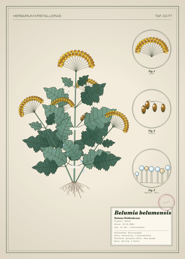 Botanische Tafel: Belumia belumensis, eine erfundene Pflanze aus Belum, gezeichnet wie in einem alten Pflanzenatlas