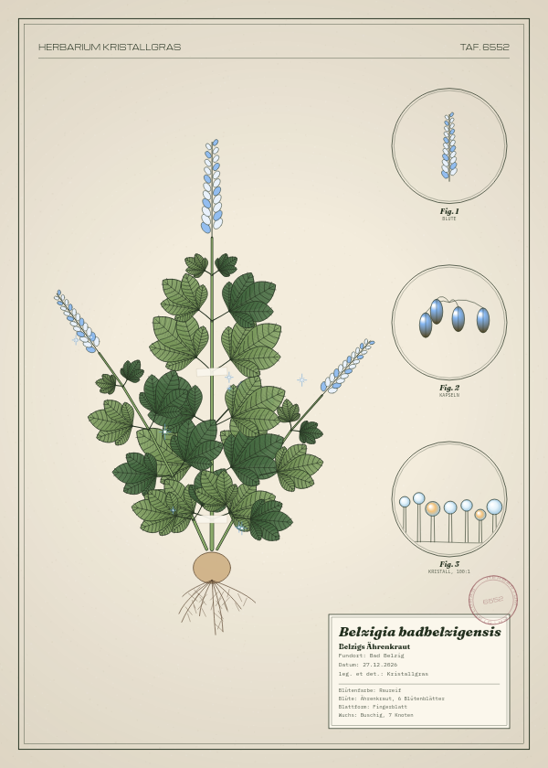 Botanische Tafel: Belzigia badbelzigensis, eine erfundene Pflanze aus Bad Belzig, gezeichnet wie in einem alten Pflanzenatlas