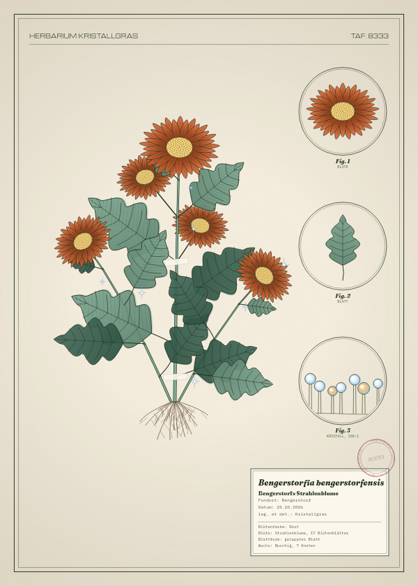 Botanische Tafel: Bengerstorfia bengerstorfensis, eine erfundene Pflanze aus Bengerstorf, gezeichnet wie in einem alten Pflanzenatlas
