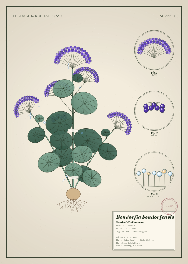 Botanische Tafel: Bendorfia bendorfensis, eine erfundene Pflanze aus Bendorf, gezeichnet wie in einem alten Pflanzenatlas