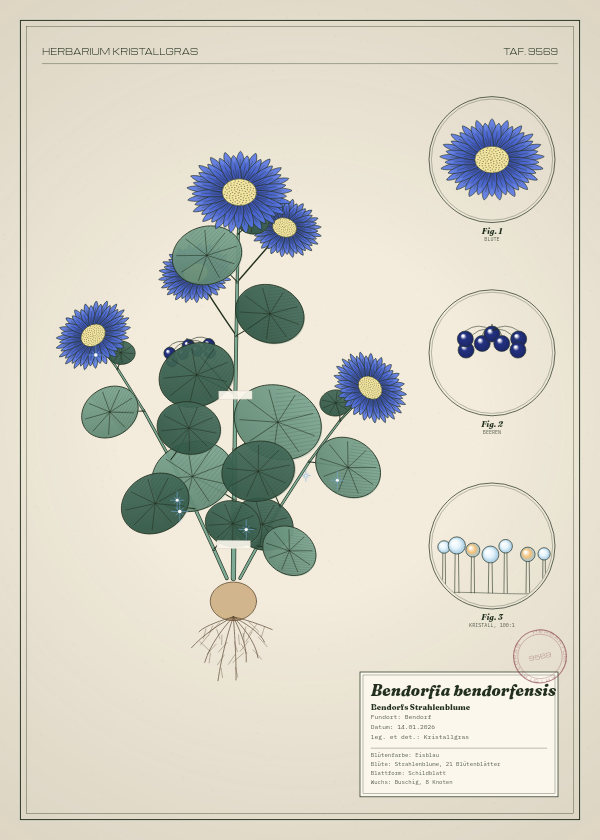 Botanische Tafel: Bendorfia bendorfensis, eine erfundene Pflanze aus Bendorf, gezeichnet wie in einem alten Pflanzenatlas