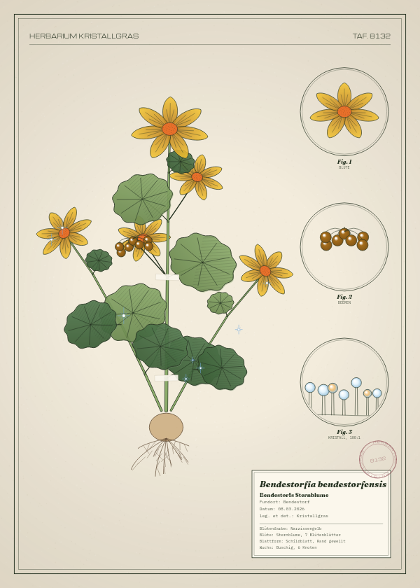 Botanische Tafel: Bendestorfia bendestorfensis, eine erfundene Pflanze aus Bendestorf, gezeichnet wie in einem alten Pflanzenatlas