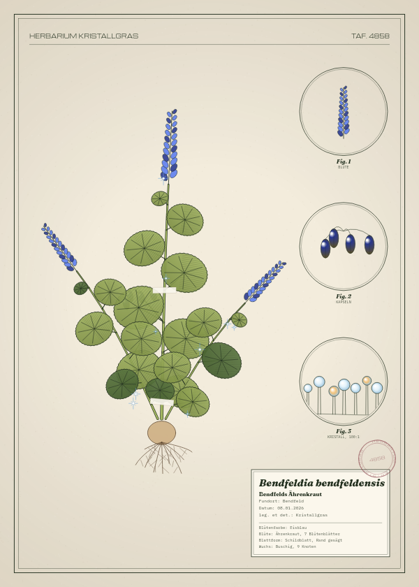 Botanische Tafel: Bendfeldia bendfeldensis, eine erfundene Pflanze aus Bendfeld, gezeichnet wie in einem alten Pflanzenatlas