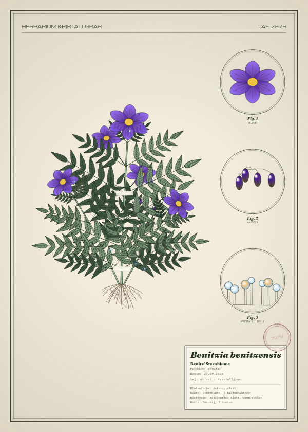 Botanische Tafel: Benitzia benitzensis, eine erfundene Pflanze aus Benitz, gezeichnet wie in einem alten Pflanzenatlas