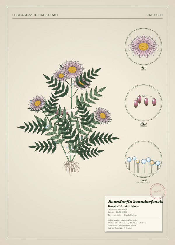 Botanische Tafel: Benndorfia benndorfensis, eine erfundene Pflanze aus Benndorf, gezeichnet wie in einem alten Pflanzenatlas