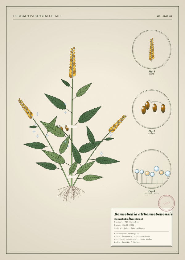 Botanische Tafel: Bennebekia altbennebekensis, eine erfundene Pflanze aus Alt Bennebek, gezeichnet wie in einem alten Pflanzenatlas