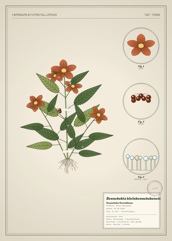 Botanische Tafel: Bennebekia kleinbennebekensis, eine erfundene Pflanze aus Klein Bennebek, gezeichnet wie in einem alten Pflanzenatlas