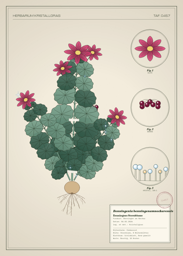 Botanische Tafel: Benningenia benningenamneckarensis, eine erfundene Pflanze aus Benningen am Neckar, gezeichnet wie in einem alten Pflanzenatlas