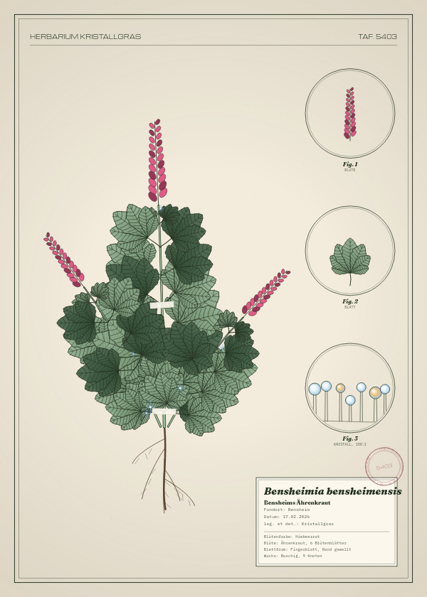 Botanische Tafel: Bensheimia bensheimensis, eine erfundene Pflanze aus Bensheim, gezeichnet wie in einem alten Pflanzenatlas