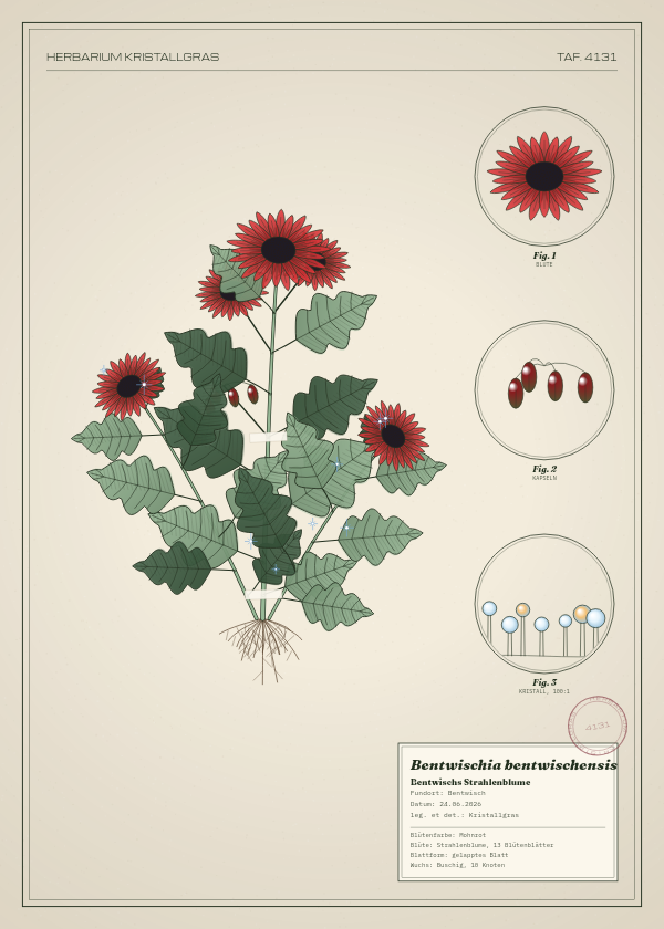 Botanische Tafel: Bentwischia bentwischensis, eine erfundene Pflanze aus Bentwisch, gezeichnet wie in einem alten Pflanzenatlas