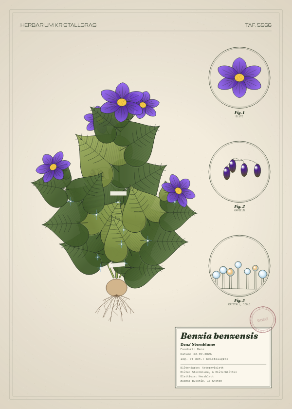 Botanische Tafel: Benzia benzensis, eine erfundene Pflanze aus Benz, gezeichnet wie in einem alten Pflanzenatlas