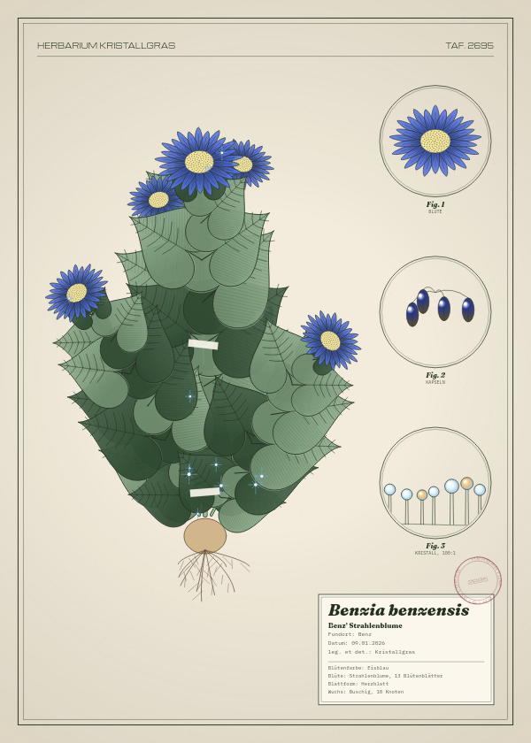 Botanische Tafel: Benzia benzensis, eine erfundene Pflanze aus Benz, gezeichnet wie in einem alten Pflanzenatlas