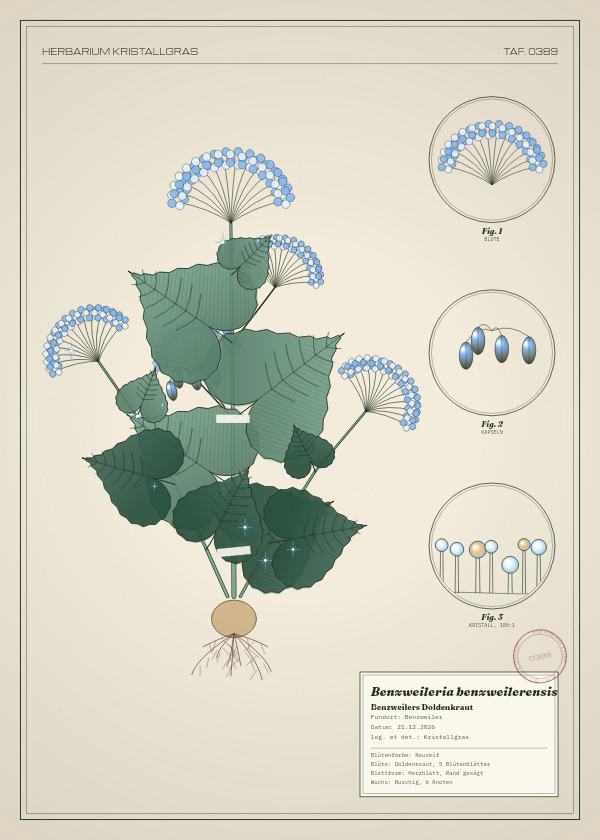 Botanische Tafel: Benzweileria benzweilerensis, eine erfundene Pflanze aus Benzweiler, gezeichnet wie in einem alten Pflanzenatlas