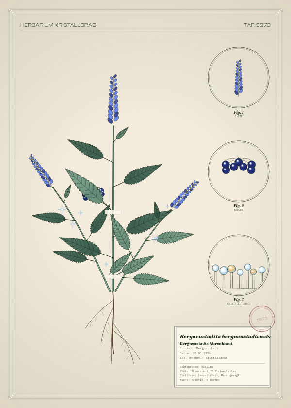 Botanische Tafel: Bergneustadtia bergneustadtensis, eine erfundene Pflanze aus Bergneustadt, gezeichnet wie in einem alten Pflanzenatlas
