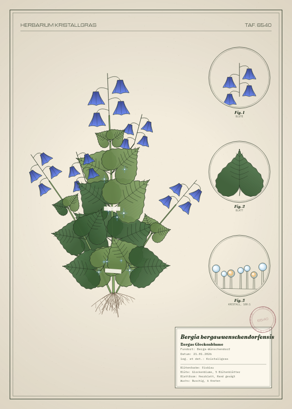 Botanische Tafel: Bergia bergawuenschendorfensis, eine erfundene Pflanze aus Berga-Wünschendorf, gezeichnet wie in einem alten Pflanzenatlas