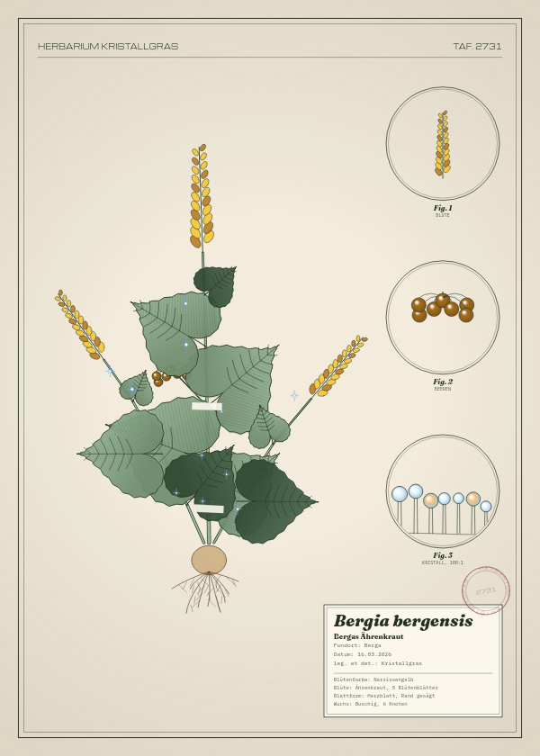 Botanische Tafel: Bergia bergensis, eine erfundene Pflanze aus Berga, gezeichnet wie in einem alten Pflanzenatlas