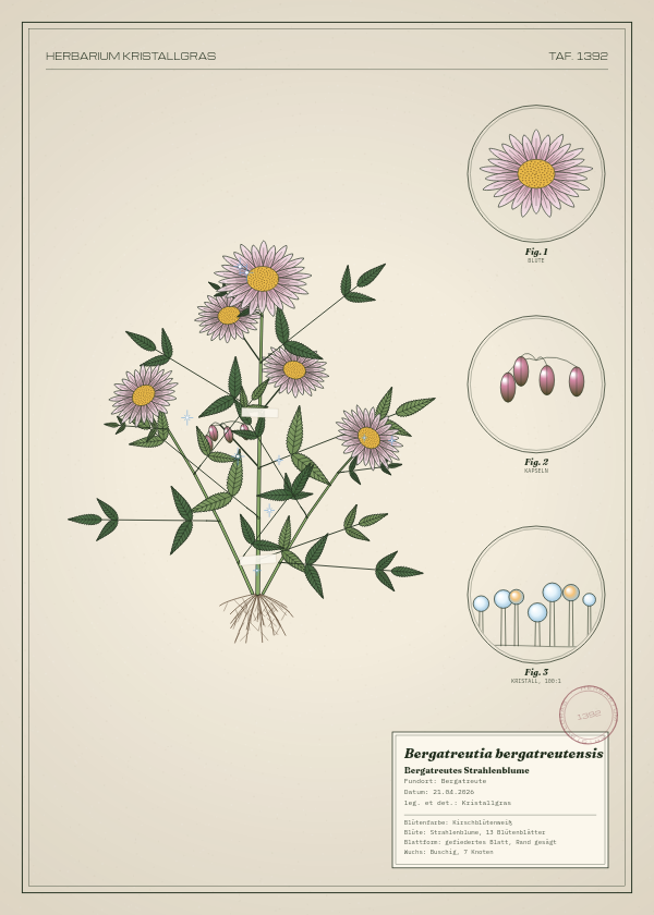 Botanische Tafel: Bergatreutia bergatreutensis, eine erfundene Pflanze aus Bergatreute, gezeichnet wie in einem alten Pflanzenatlas