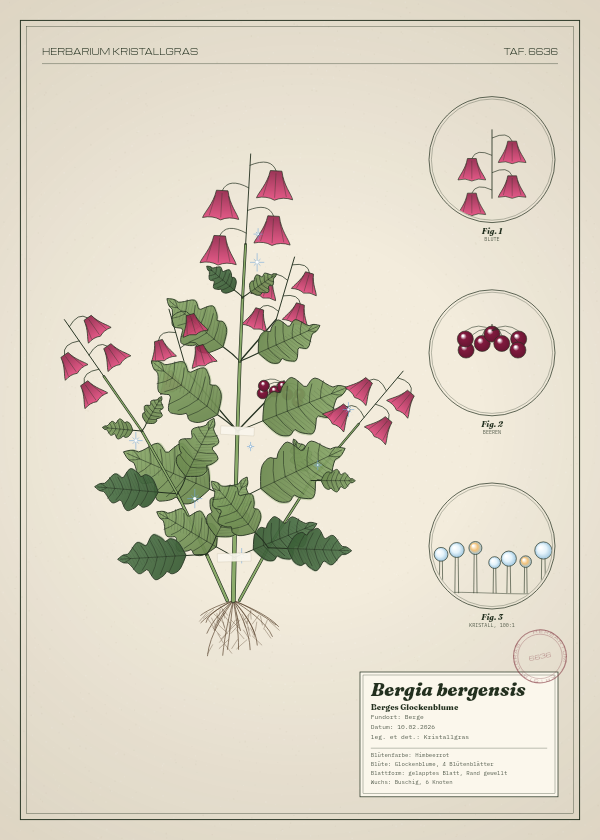 Botanische Tafel: Bergia bergensis, eine erfundene Pflanze aus Berge, gezeichnet wie in einem alten Pflanzenatlas