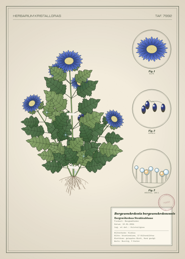 Botanische Tafel: Bergewoehrdenia bergewoehrdenensis, eine erfundene Pflanze aus Bergewöhrden, gezeichnet wie in einem alten Pflanzenatlas