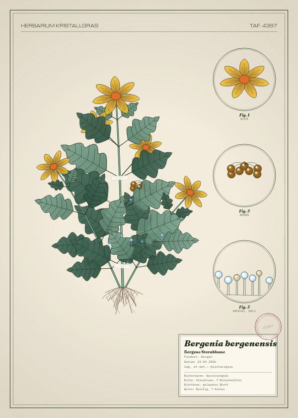 Botanische Tafel: Bergenia bergenensis, eine erfundene Pflanze aus Bergen, gezeichnet wie in einem alten Pflanzenatlas