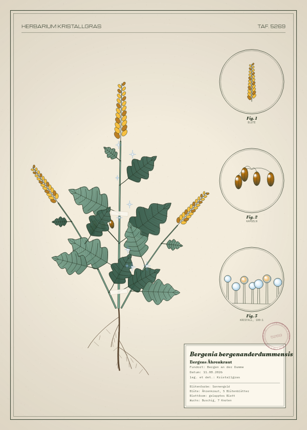 Botanische Tafel: Bergenia bergenanderdummensis, eine erfundene Pflanze aus Bergen an der Dumme, gezeichnet wie in einem alten Pflanzenatlas