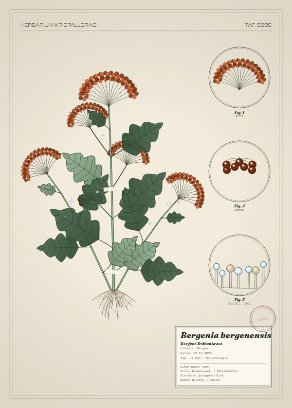 Botanische Tafel: Bergenia bergenensis, eine erfundene Pflanze aus Bergen, gezeichnet wie in einem alten Pflanzenatlas