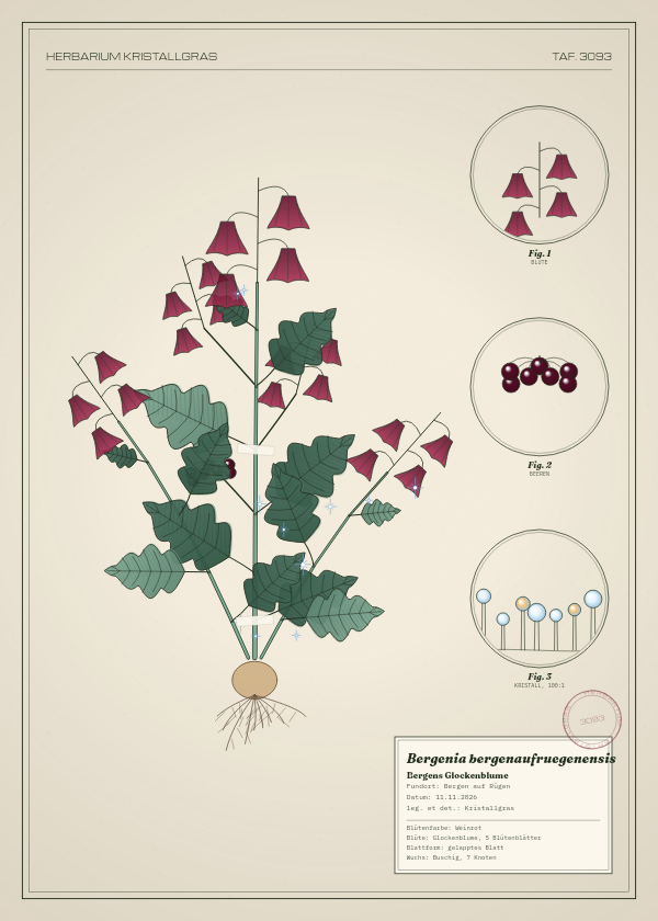 Botanische Tafel: Bergenia bergenaufruegenensis, eine erfundene Pflanze aus Bergen auf Rügen, gezeichnet wie in einem alten Pflanzenatlas