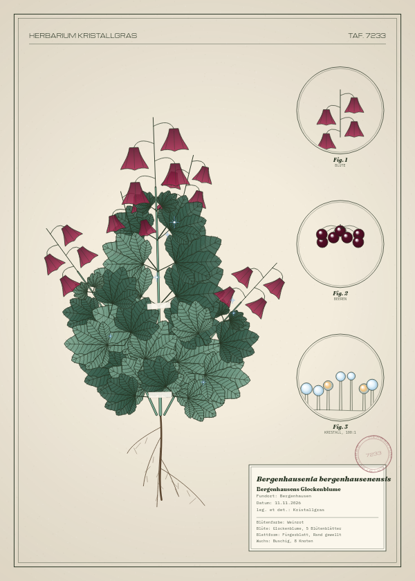 Botanische Tafel: Bergenhausenia bergenhausenensis, eine erfundene Pflanze aus Bergenhausen, gezeichnet wie in einem alten Pflanzenatlas