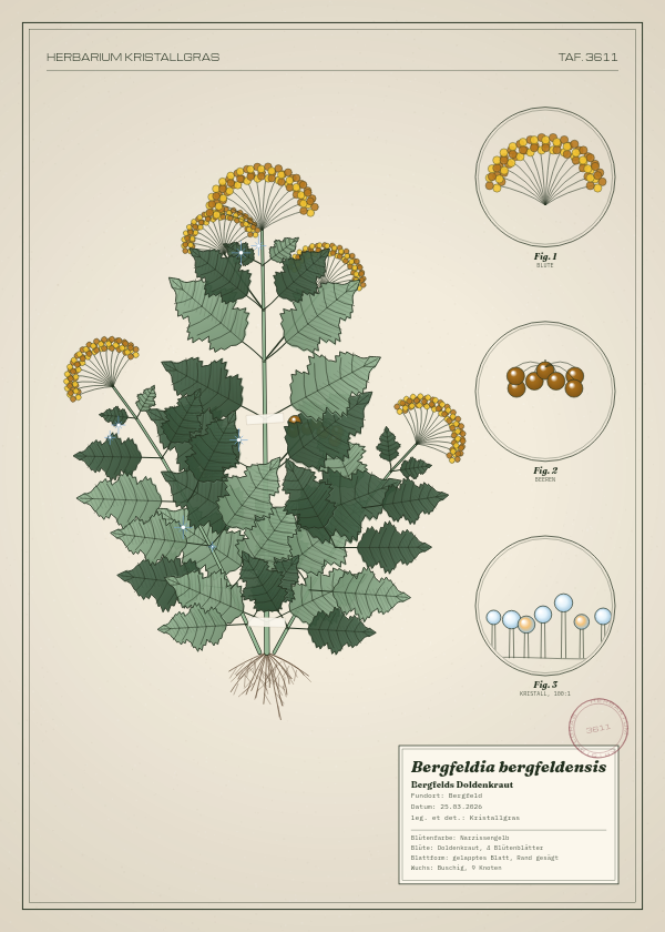Botanische Tafel: Bergfeldia bergfeldensis, eine erfundene Pflanze aus Bergfeld, gezeichnet wie in einem alten Pflanzenatlas