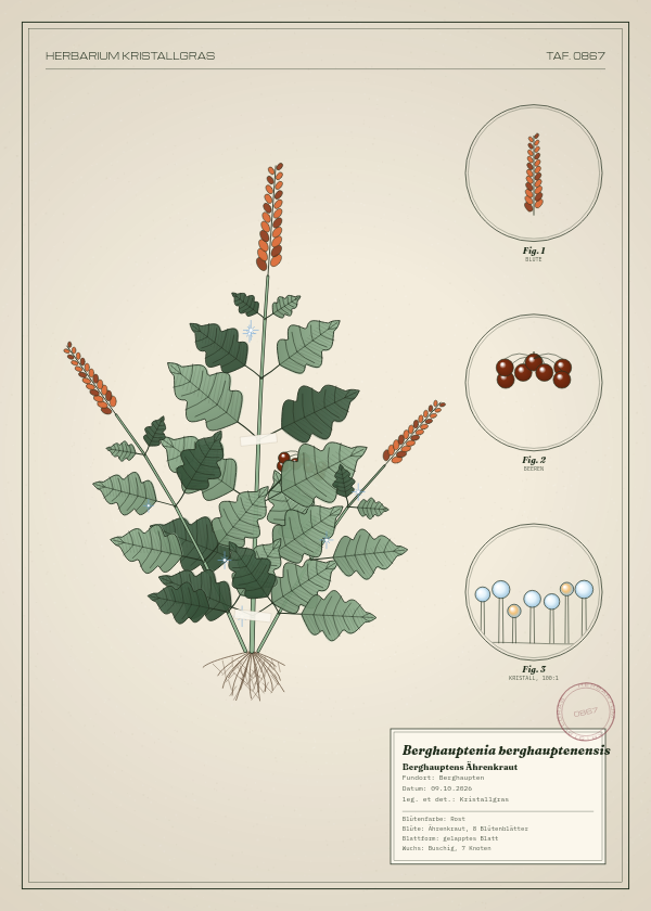 Botanische Tafel: Berghauptenia berghauptenensis, eine erfundene Pflanze aus Berghaupten, gezeichnet wie in einem alten Pflanzenatlas