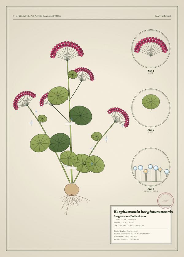 Botanische Tafel: Berghausenia berghausenensis, eine erfundene Pflanze aus Berghausen, gezeichnet wie in einem alten Pflanzenatlas