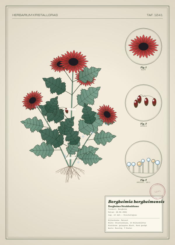 Botanische Tafel: Bergheimia bergheimensis, eine erfundene Pflanze aus Bergheim, gezeichnet wie in einem alten Pflanzenatlas
