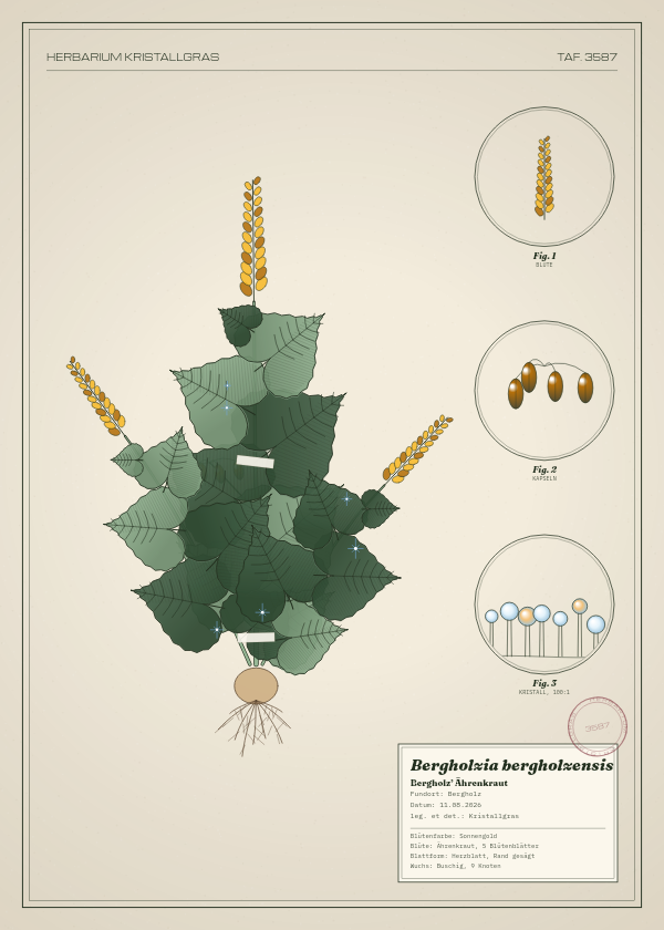 Botanische Tafel: Bergholzia bergholzensis, eine erfundene Pflanze aus Bergholz, gezeichnet wie in einem alten Pflanzenatlas