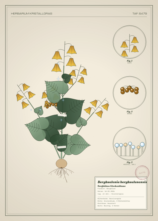 Botanische Tafel: Berghuelenia berghuelenensis, eine erfundene Pflanze aus Berghülen, gezeichnet wie in einem alten Pflanzenatlas