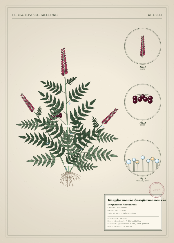 Botanische Tafel: Bergkamenia bergkamenensis, eine erfundene Pflanze aus Bergkamen, gezeichnet wie in einem alten Pflanzenatlas