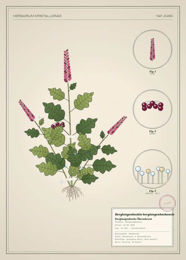 Botanische Tafel: Berglangenbachia berglangenbachensis, eine erfundene Pflanze aus Berglangenbach, gezeichnet wie in einem alten Pflanzenatlas