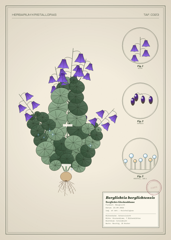 Botanische Tafel: Berglichtia berglichtensis, eine erfundene Pflanze aus Berglicht, gezeichnet wie in einem alten Pflanzenatlas