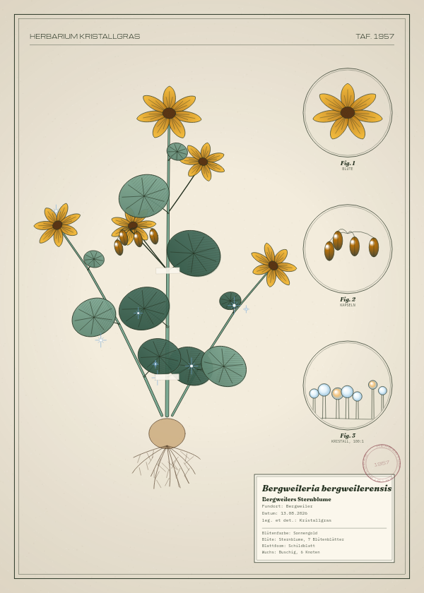 Botanische Tafel: Bergweileria bergweilerensis, eine erfundene Pflanze aus Bergweiler, gezeichnet wie in einem alten Pflanzenatlas