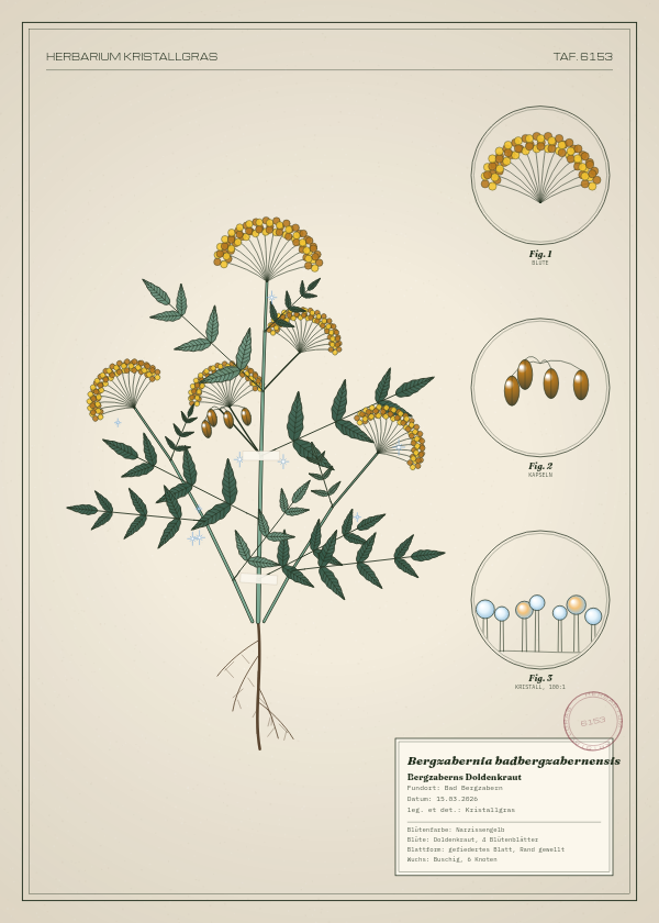Botanische Tafel: Bergzabernia badbergzabernensis, eine erfundene Pflanze aus Bad Bergzabern, gezeichnet wie in einem alten Pflanzenatlas