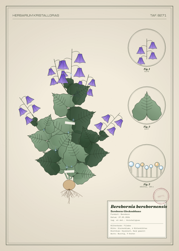 Botanische Tafel: Berebornia berebornensis, eine erfundene Pflanze aus Bereborn, gezeichnet wie in einem alten Pflanzenatlas