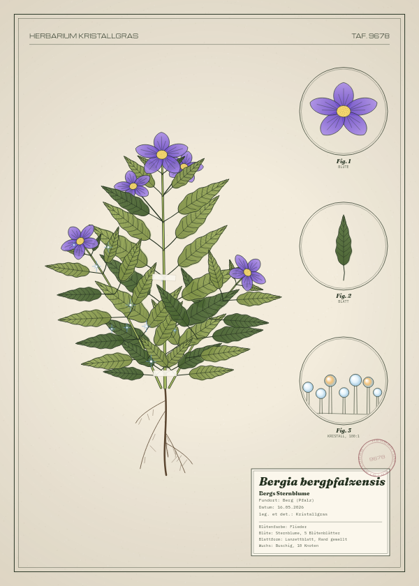 Botanische Tafel: Bergia bergpfalzensis, eine erfundene Pflanze aus Berg (Pfalz), gezeichnet wie in einem alten Pflanzenatlas