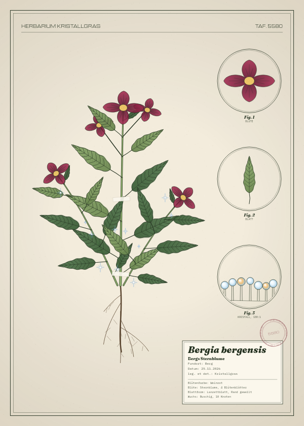 Botanische Tafel: Bergia bergensis, eine erfundene Pflanze aus Berg, gezeichnet wie in einem alten Pflanzenatlas