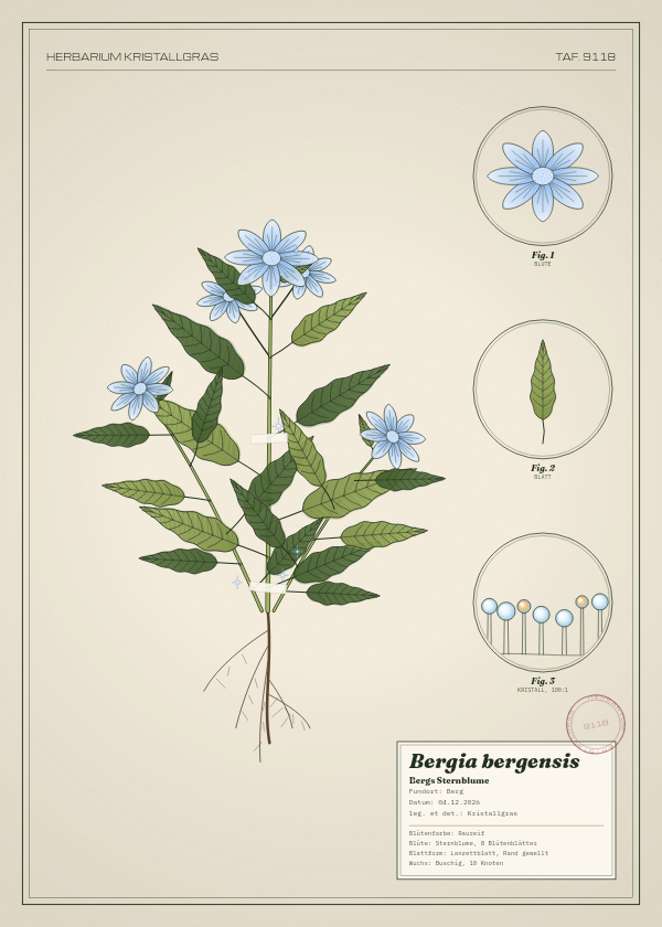 Botanische Tafel: Bergia bergensis, eine erfundene Pflanze aus Berg, gezeichnet wie in einem alten Pflanzenatlas